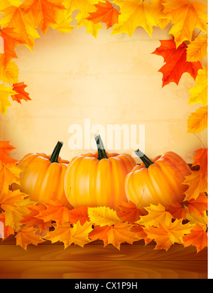 Kürbisse auf hölzernen Hintergrund mit Blättern. Herbst Hintergrund.