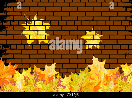 Herbstliche Ahornblätter auf Ziegel Wand Hintergrund. Vektor-illustration Stockfoto