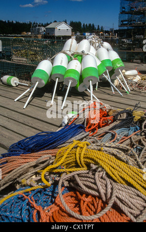 Hummer-Bojen und Seile auf einem Dock in Tenants Harbor, Maine. Stockfoto