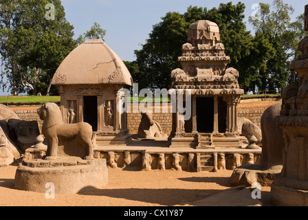 Elk201-4391 Indien, Tamil Nadu, Mamallapuram, fünf Rathas Stockfoto