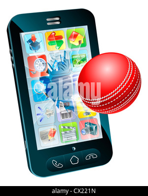 Beispiel für ein Cricketball herausfliegen Handy-Bildschirm Stockfoto