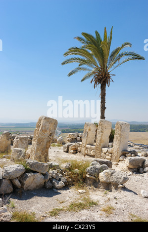 Reste von Siedlungen auf dem Hügel Megiddo (frühe Bronzezeit), in der Bibel erwähnt. Stockfoto
