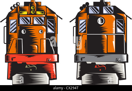 Abbildung von einem Diesel-Zug von vorne und hinten, eingerichtet im Stil der Retro-Holzschnitt auf weißem Hintergrund isoliert betrachtet. Stockfoto