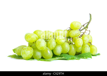 frische Trauben Früchte mit grünen Blättern, die isoliert auf weißem Hintergrund Stockfoto