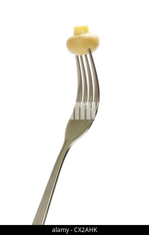 Frische Champignons auf einer Gabel isoliert auf weißem Hintergrund Stockfoto