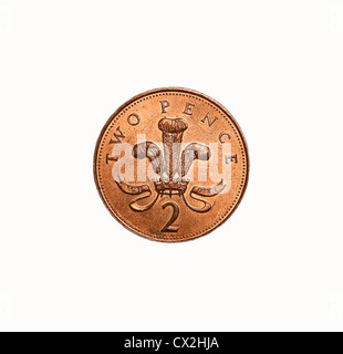 Britische 2-Pence-Münze auf einem weißen Hintergrund ausschneiden Stockfoto