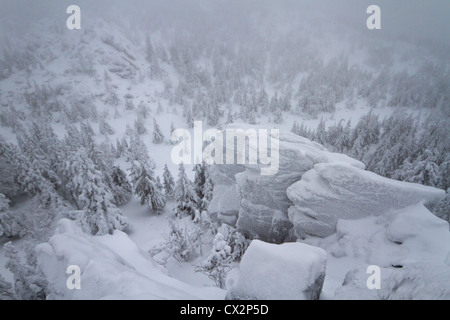 Landschaft. Verschneiten Bäumen und Felsen in der Taiga. Winterwald. Nationalpark Taganay. Ural-Gebirge. Sibirien. Russland. Stockfoto