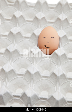 Lustiges Gesicht auf braune Ei in leeren Karton gezeichnet Stockfoto