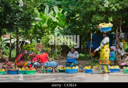 Mosquito Dorf Mto wa Mbu Tansania Afrika Dorf mit Obst und Bananen für den Verkauf an Touristen mit viel Farbe Stockfoto