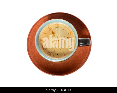 Kaffeezeit, Uhr auf Kunst Kaffee Espressotasse Stockfoto
