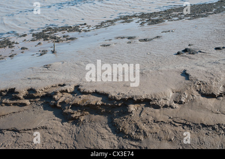 Schlamm und Schlick abgelagerten Strömungen Ebbe Mündung Seite beleuchtet sonnig Stockfoto