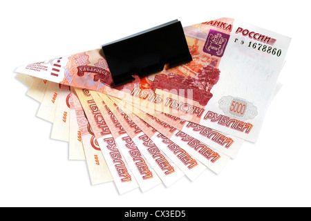 Banknoten der russische Rubel auf weißem Hintergrund. Stockfoto
