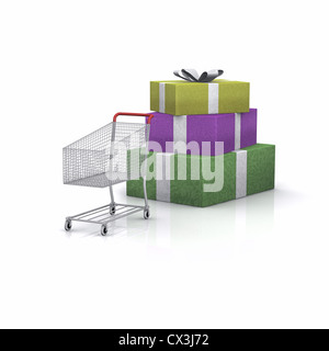 Geschenke Und Einkaufswagen Auf Weissem Hintergrund - Weihnachten Pakete mit Einkaufswagen Stockfoto