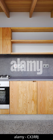 Gasse Wand Gartenhaus, Portobello, Irland. Architekt: Donaghy + Dimond, 2011. Blick vom Küchentisch zeigt, Regale ein Stockfoto