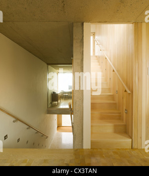 Strand House, Rosslare, Irland. Architekt: O' Donnell & Tuomey, 2008. Ansicht der Treppe zeigt visuelle Verbindung zum Büro. Stockfoto