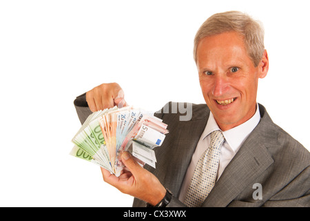 Geschäftsmann mit viel Euro Banknoten Stockfoto