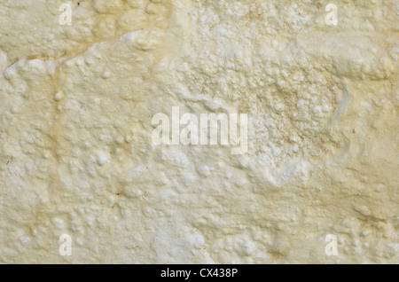 Weiß getünchtes Betonwand, die Symptome von Rostflecken aus Eisen Rohrleitungen. Verwitterte Farbe Textur, raue Textur. Stockfoto