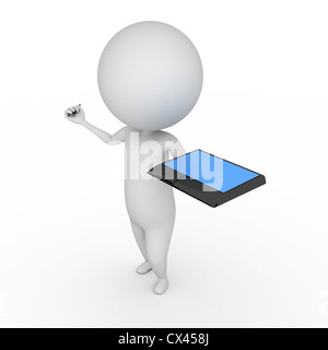 3D gerenderte Darstellung der ein kleiner Kerl mit einem TabletPC Stockfoto