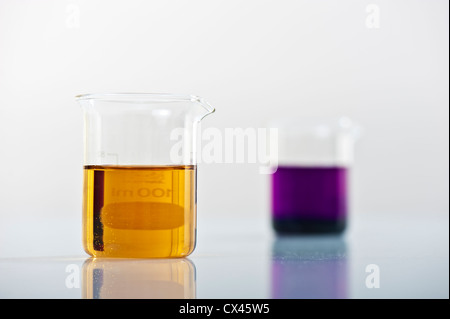 Zwei Glaskolben mit verschiedenen Chemikalien Stockfoto