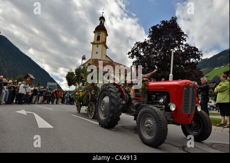 (Neustift Im Stubaital Almabtrieb) Fest, bringen die Kühe nach unten vom hohen alpinen Weiden in den österreichischen Alpen Stockfoto