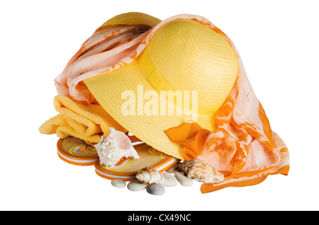 Strand set Mütze und Pantoffeln, isoliert auf weiss Stockfoto