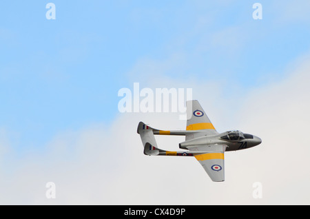 de Havilland Vampire T11 - militärische Düsenflugzeug beim Vorbeiflug an kleinen Gransden Flugplatz, Cambridgeshire, Großbritannien Stockfoto