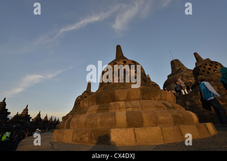 Eine Weitwinkelaufnahme der Stupas auf dem Gipfel des Borobudur-Tempel; Zentraljava, Indonesien. Stockfoto