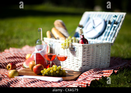 Picknickzeit! Frische Lebensmittel auf dem Rasen im Garten Stockfoto