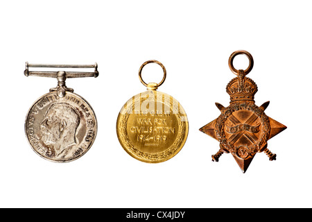 Satz von WW1 britische Kampagne Medaillen ("Pip, Quietschen und Wilfred"), einschließlich der Krieg-Medaille, die Sieg-Medaille und der 1914 / 15-Star. Stockfoto