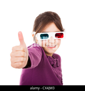 Wunderschönes kleines Mädchen mit 3d Brille, isoliert auf einem weißen Hintergrund Stockfoto