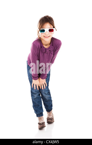 Wunderschönes kleines Mädchen 3d Brille und lächelt, auf einem weißen Hintergrund isoliert Stockfoto