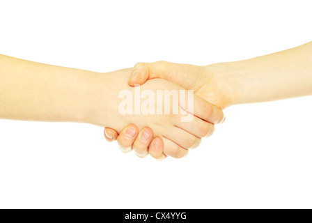 Nahaufnahme von zwei Männern Händeschütteln isoliert auf weiß Stockfoto