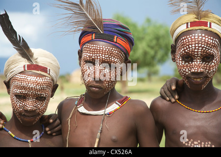 Drei Jungen, erbore, omo Valley, südlichen Äthiopien, Afrika Stockfoto