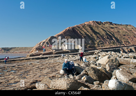 Sonntagnachmittag auf Filey Brigg bei niedrigem Wasserstand Stockfoto