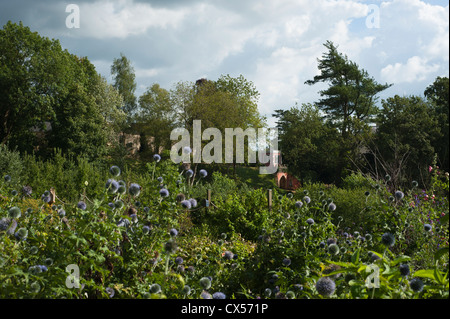 Echinops Ritro, Globe Thistle mit The Eagle House in den Hintergrund, Painsiwck Rokoko-Garten, Gloucestershire, England, UK Stockfoto