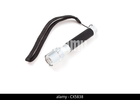 Schwarz Metall-Taschenlampe mit einem Gurt auf weißem Hintergrund Stockfoto