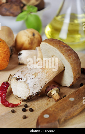 Einige Pilze auf Holzbrett, Gewürze, Öl und Messer Stockfoto