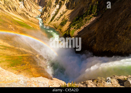 USA, Wyoming, Grand Canyon des Yellowstone. Regenbogen über Lower Yellowstone Falls. Stockfoto