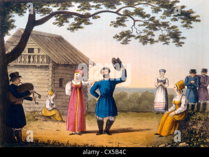 Russischer Nationaltanz, Hand gefärbt Gravur von Pinkertons Russland ca. 1833 Stockfoto