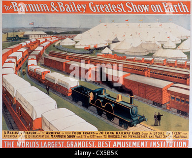 Barnum und Bailey, die größte Show auf Erde, Poster, die Ankunft von unseren vier Zügen oder siebzig langen Eisenbahnwaggons Stockfoto