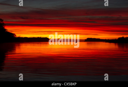 Ein Blick auf das Leben in Neuseeland: Sonnenaufgang am Fluss, mit einem wunderbar farbigen Himmel. Waimakariri River, South Island, Neuseeland. Stockfoto