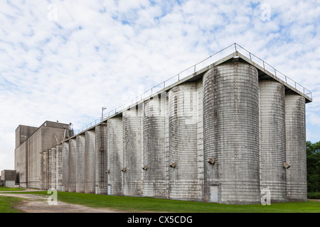 Reis-Lagersilos mit Getreidesilo im ländlichen Reis Trockner in South Louisiana Stockfoto