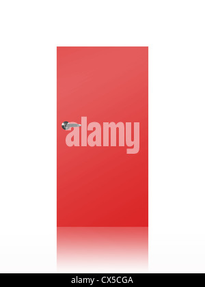 Eine konzeptionelle Holztür mit Zeichen isoliert auf weiss Stockfoto