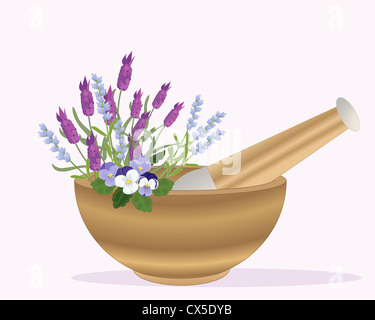 eine Abbildung eines hölzernen Stößel und Mörser mit Lavendel und Stiefmütterchen Blüten auf einem rosa Hintergrund Stockfoto