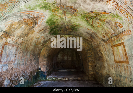 Innenraum der Kapelle von San Anton (Ermita de San Antón), in der Nähe von San Vitorian, an den Hängen des Pena Montanesa, Huesca, Spanien Stockfoto