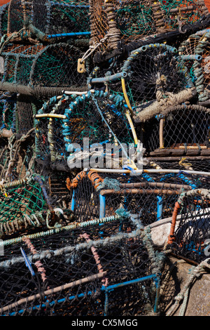 Hummer-Töpfe häuften sich in Staithes Hafen North Yorkshire UK Stockfoto