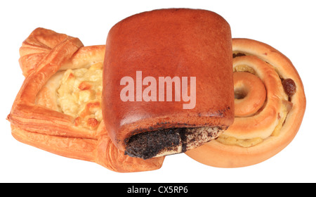 drei kleine Laib Brot auf weißem Hintergrund Stockfoto