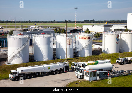 Flughafen Düsseldorf International. Tanklager, Tanklager, Lagertanks. Flugbenzin. Stockfoto