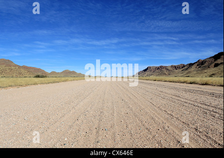 Grasbewachsenen Savannen mit Bergen im Hintergrund, Namib-Wüste Straße nach Sesriem, Namibia. Stockfoto