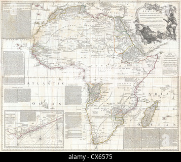 Die 1794 Boulton and Anville Wall Map of Africa ist eine antike Karte, die den Kontinent während des 18. Jahrhunderts darstellt. Sie spiegelt das frühe europäische Verständnis der Geographie und der Kolonialgebiete Afrikas im Zeitalter der Erkundung wider. Stockfoto